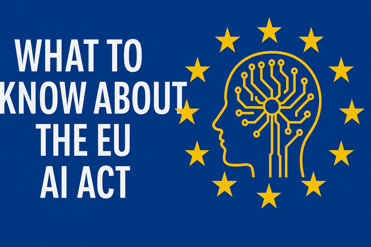 Graphic with text 'What to know about the EU AI Act' on a blue background featuring a stylized head made of circuit lines surrounded by EU stars.