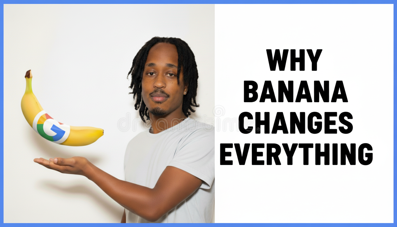 A man with dreadlocks balancing a banana with Google logo and the phrase 'Why Banana Changes Everything'.